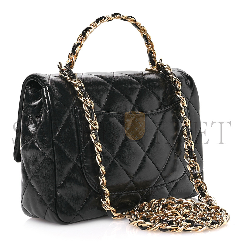 CHANEL SHINY LAMBSKIN QUILTED GOLDEN LINKS TOP HANDLE FLAP BLACK AS1160 (20*13*5cm)